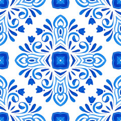 Abstract blue and white hand drawn tile seamless ornamental watercolor paint pattern. Azulejo portuguese style in blue color vignettes