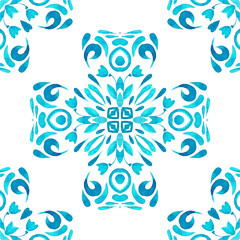 Abstract blue and white hand drawn tile seamless ornamental watercolor paint pattern.
