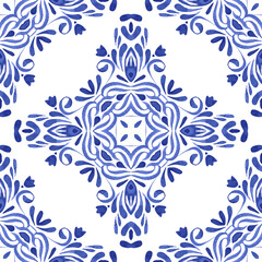 Medallion damask tile watercolor hand drawn floral pattern. Blue and white ornament