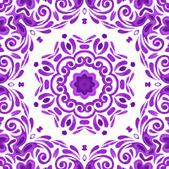 Vintage purple mandala floral seamless ornamental watercolor arabesque paint tile design pattern for tile decor.