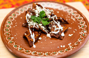 Chilaquiles de mole mole poblano, cebolla y ajonjolí, en un plato de barro decorado, platillo mexicano típico y tradicional .