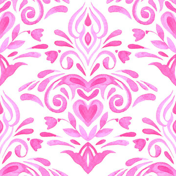 Watercolor pink damask hand drawn floral design with hearts and flowers.