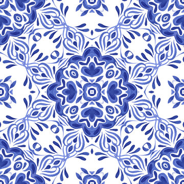Watercolor blue damask hand drawn floral design. Persian abstract flower background. Seamless mediterranean mosaic azuejo luxury pattern
