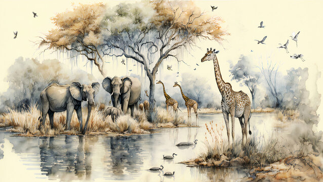 Watercolor painting style, high quality digital art, landscape on an African tropical jungle with trees next to a river with giraffes, elephants and birds, in coordinating colors