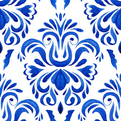 Medallion damask tile watercolor hand drawn floral pattern. Blue and white azulejo