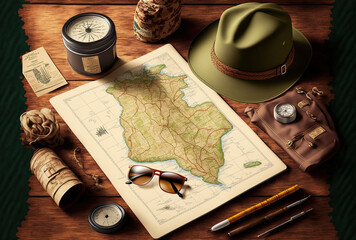 travel essentials on the top view. the map on a rustic wooden background, along with a pen and a cap. Generative AI
