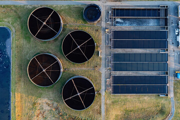 Industrial sewage treatment plant, directly above drone aerial view