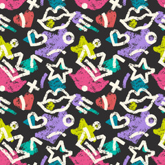 Fototapeta na wymiar Vector seamless hand-drawn pattern with hearts, circles, stars, stripes, crowns and lips. Grunge shapes colorful backdrop. Bold bright background.