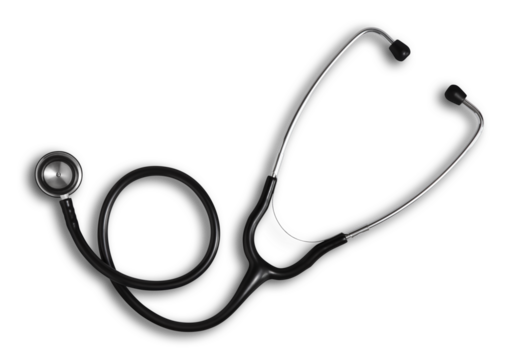 top view medical stethoscope isolated on transparent background, doctor equipment to measure pressure and listen heartbeat, to make a diagnosis to the patient, symbol for medical examination concept