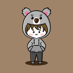 Cute boy wearing Koala hoodie. Animal character hoodies. Pet character hoodies. Fit for mascot, children's book, icon, t-shirt design, etc.
