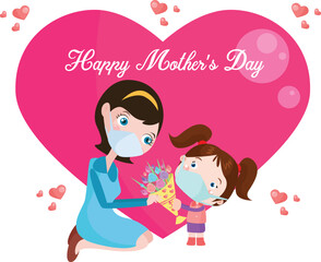 Girl giving flower to her mother with heart background