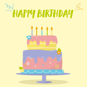 Happy Birthday card with cake on the yellow background 