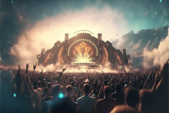 Festival Mainstage von gro&szlig;em fiktivem EDM Event mit Feuerwerk, Feuer, Konfetti und Crowd, 3D Rendering