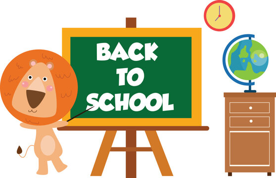 back to school illustration with lion and blackboard in class