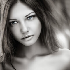 Fototapeta premium Black and white image of a beautiful girl with sensual lips. Close-up portrait. AI Art.