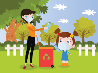 Mother and daughter putting bottle garbage in a trash can