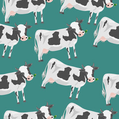 Seamless pattern with cows: a cow with a dandelion flower in its mouth. vector graphics 