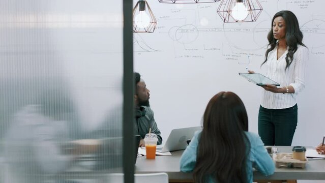 Talking woman, tablet or speaker whiteboard in office meeting, project management or prototype engineering planning. Mentor, coach or leadership with technology in training workshop or collaboration