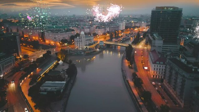 Vienna Magic Skyline Fireworks night view drone footage in 4k, vienna austria new year downtown cathedral downtown.