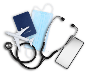 Travel medical insurance concept, Passport, face mask, stethoscope, airplane and smartphone isolated on transparent background. Vaccinations and medical exams for tourism and international travel