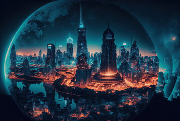 Fototapeta premium Technical development and research notion of creative operations spreading new services or goods in Asia double exposure bright symbols night panorama of Bangkok. Generative AI