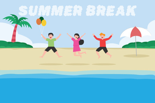 Children and summer break word on the beach