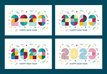 Happy new year 2023 text design. New Year's geometric design with confetti. Creative modern design concept for postcard, invitation, banner, template, poster, cover and social media post by 2023. 