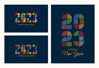 Happy new year 2023 text design. Creative modern design template for postcard, invitation, banner, template, poster, flyer, cover and social media post by 2023. Geometric New Year design. 