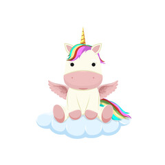 A cute unicorn is sitting on a blue cloud. Isolated vector illustration.