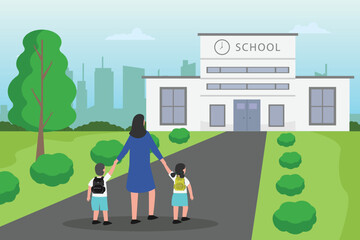 Parenthood vector concept: Young mother accompanies her children to school while walking together