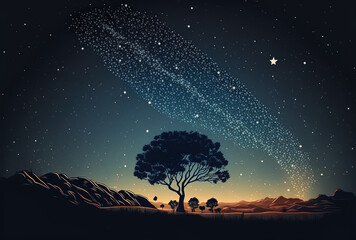 Scenery with a hill in the background and a starry night sky. Milky Way with a solitary tree and shooting stars. Generative AI