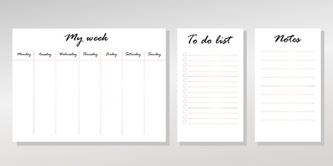 Week planner of minimalist style on the gray gradient background. To do list, notes. Set of my week. Vector illustration