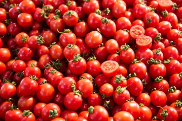 raw tomatoes on market show window. High quality photo