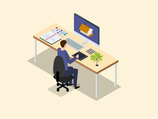 Male design graphic drawing a house on monitor