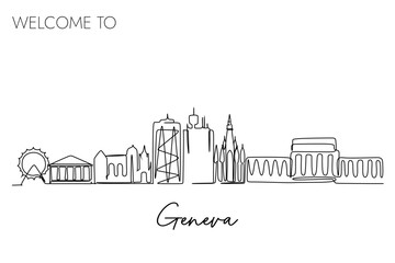 Single continuous line drawing of Geneva city Switzerland skyline. World Famous tourism destination. Simple hand drawn style design for travel and tourism promotion campaign