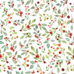 Watercolor floral Christmas seamless pattern with hand drawn watercolor  branches, leaves and berries illustration. Repeat nature floral background for wrapping, packaging design or print.