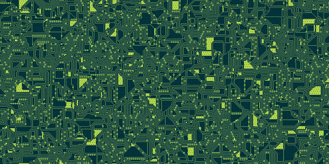 Seamless electronics circuit board background texture. High tech motherboard pattern in neon lime green and dark turquoise verdigris. A fun geeky engineering or computer science nerd textile swatch..