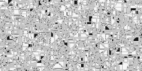 Seamless electronics circuit board background texture. High tech motherboard pattern in monochrome black white and grey. A fun geeky engineering or computer science nerd textile swatch or backdrop.. - obrazy, fototapety, plakaty
