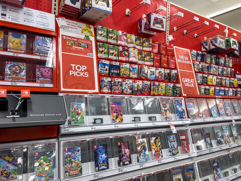 Seattle, WA USA - circa August 2022: Angled, selective focus on Nintendo Switch games for sale inside a Target store.