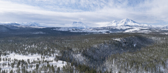 aerial drone of snow covered mountains and forest in winter