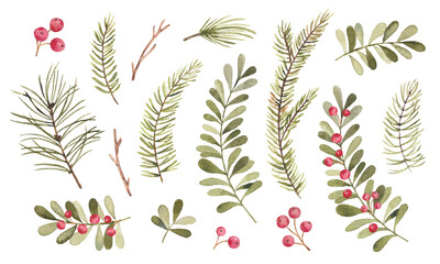 Watercolor Christmas set.  Illustration for your holiday design isolated on a white background. 