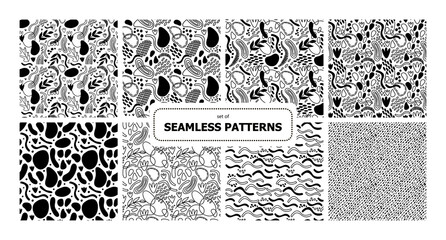 Set of vector seamless patterns. Collection for surface design, printing on paper and fabric. Handdrawn waves, abstract shapes, circles, flowers, leaves, branches. Background for social media post.
