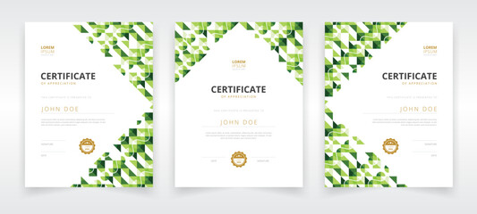 Vertically oriented modern and professional certificate template set with green colored artwork that can be used in educational or business sector