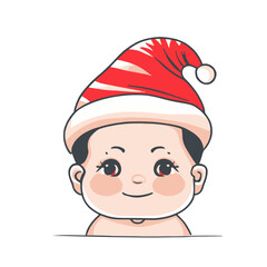 Art & Illustration, Vector , cartoon portrait of a baby wearing a christmas hat	