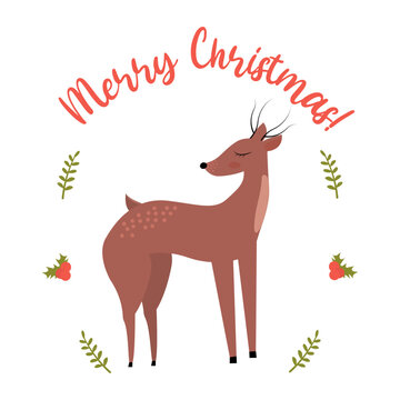 Christmas deer greeting postcard. Merry Christmas and happy new year card vector