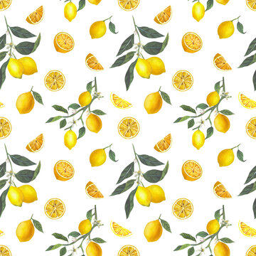 Watercolor seamless pattern with illustration of branch with fresh citrus yellow fruit lemon, green leaves and flowers.
