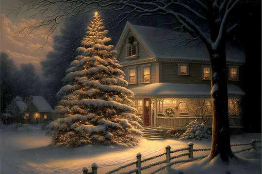 As The Snow Falls Gently Outside, In The Background, The Christmas Tree Twinkles With Lights And Decorations, Adding To The Warmth And Joy Of The Moment