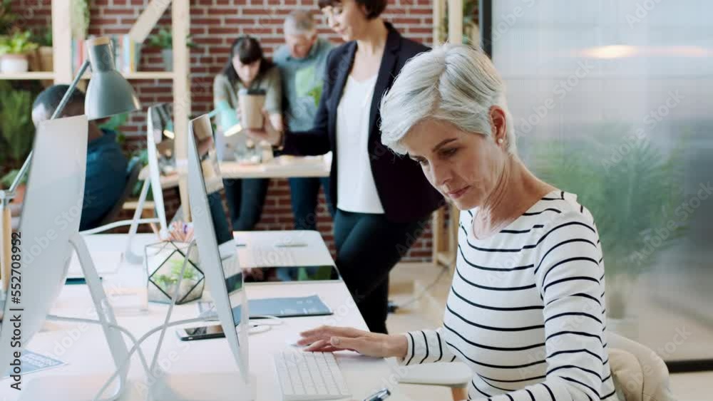 Poster computer, digital marketing or senior woman writing seo research for a social networking strategy at