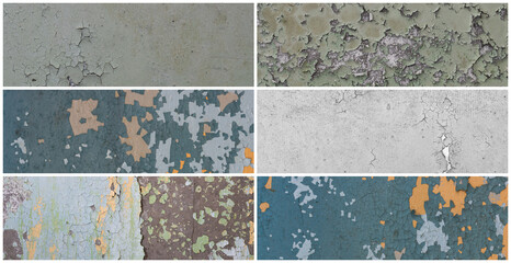 Set of peeling paint textures. Old concrete walls with cracked flaking paint. Weathered rough painted surfaces with patterns of cracks and peeling. Collection of panoramic backgrounds for design.