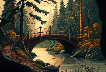 On a chilly, overcast day, an ancient bridge crosses a river in a woodland. Generative AI
